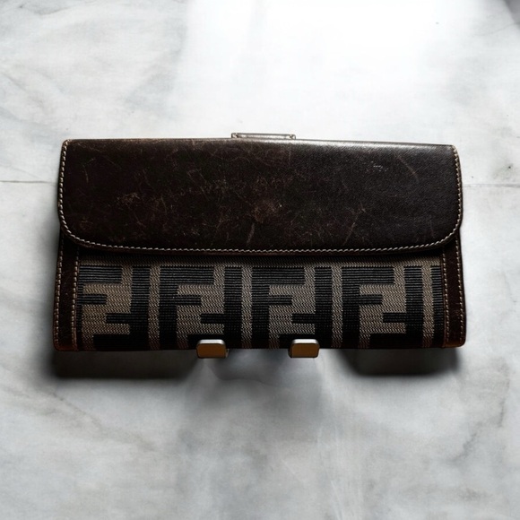 Fendi Handbags - Fendi Brown Zucca Long Snap Wallet. EUC.
